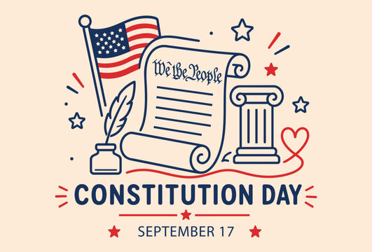 US Constitution Day vector illustration with American flag, scroll with "We the People", quill inkwell, and historic column on September 17.