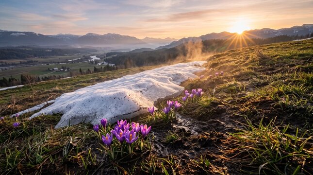 Cinematic wide landscape shot of Spring Equinox sunrise with golden morning light hitting melting snowdrift and vibrant purple crocuses on grassy hillside, panoramic mountain valley nature view