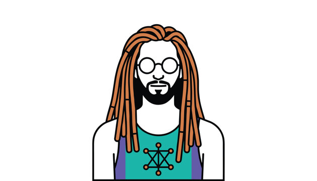 Vector portrait of a modern stylish man with long dreadlocks, a dark beard, and retro round glasses on white background.
