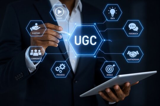 Businessperson interacting with digital ugc concept on tablet screen