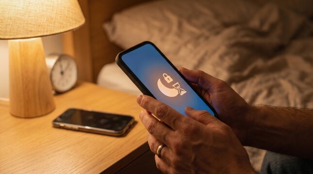Teen Social Media Time Limit concept. Person holding smartphone with sleeping app interface near bedside lamp