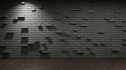 Fototapeta premium Old brick wall texture with a bright spotlight shining on the stone surface in a dark urban environment