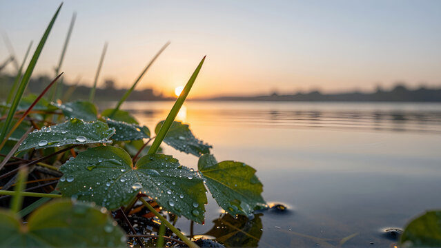 朝焼けの空と静かな湖畔の植物