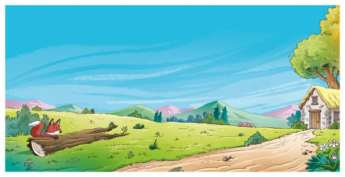 Illustration of a country house in a valley with mountains, children's background