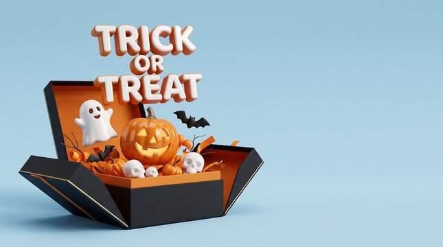 Trick or treat halloween text sign emerging from open black box with pumpkins and ghost pumpkins celebration seasonal background treasure surprise greeting illustration decoration atmosphere