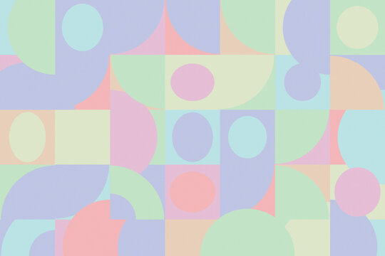 A lively collage of circles, semicircles, squares, and curved blocks combines muted mint, lilac, peach, pink, and aqua tones for stylish digital and print applications.
