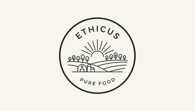 Monochromatic farm logo template features a sun rising over a rural barn and trees for pure organic food.