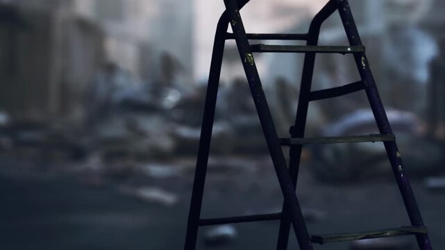 A ladder stands upright on a street. The surroundings show signs of damage and debris. The scene appears to be quiet with no people visible. It suggests a recent incident or construction work.