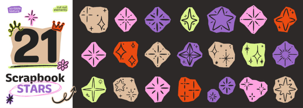 Crayon scribble scrapbook star stickers. Hand drawn sparkle and asterisk shapes with chalk texture and torn paper edges. Funky retro collage style. Cutout starburst elements.
