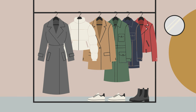 Organized wardrobe clothing rack displays winter coats, jackets, and stylish shoes in a modern bedroom.