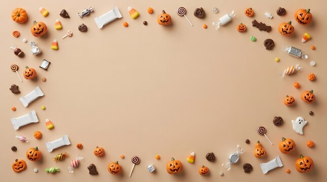 Top view frame made of small pumpkins and autumn leaves on a beige background for your halloween celebration design