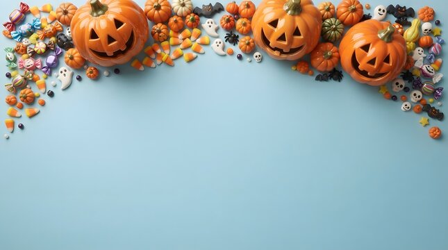Festive halloween background featuring carved pumpkins and assorted colorful candies arranged as a decorative top border frame design