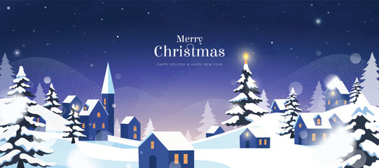 Fototapeta na wymiar Christmas Night Winter background vector. Happy New Year season greeting with house, pine tree, reindeer and snowfall. Background design for invitation, cards, social post, cover, sale banner, ads.