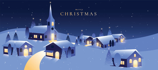 Fototapeta na wymiar Christmas Night Winter background vector. Happy New Year season greeting with house, pine tree, reindeer and snowfall. Background design for invitation, cards, social post, cover, sale banner, ads.