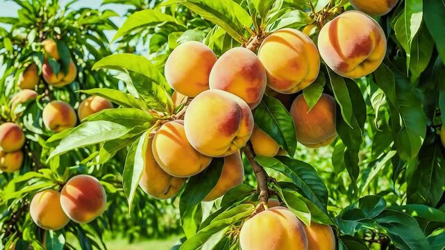 Large ripe peaches glow warmly among lush green leaves beneath clear sunlight