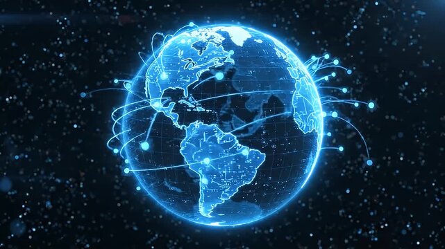 Glowing digital globe with interconnected network lines in space.
