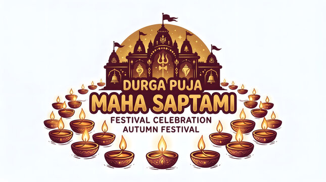 Durga puja maha saptami festival celebration with diyas and temple illustration.