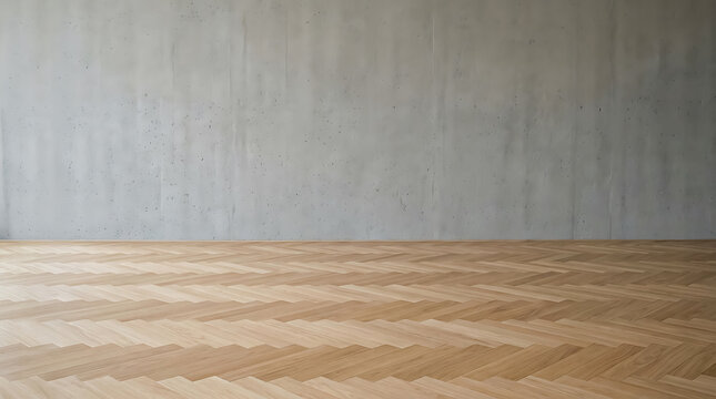 Empty room interior with grey concrete wall and brown wooden parquet floor