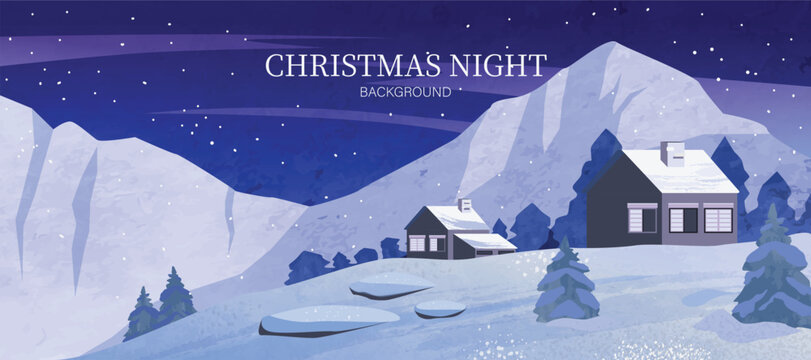 Christmas Night Winter background vector. Happy New Year season greeting with house, pine tree, reindeer and snowfall. Background design for invitation, cards, social post, cover, sale banner, ads.