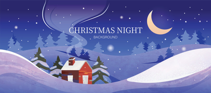 Christmas Night Winter background vector. Happy New Year season greeting with house, pine tree, reindeer and snowfall. Background design for invitation, cards, social post, cover, sale banner, ads.