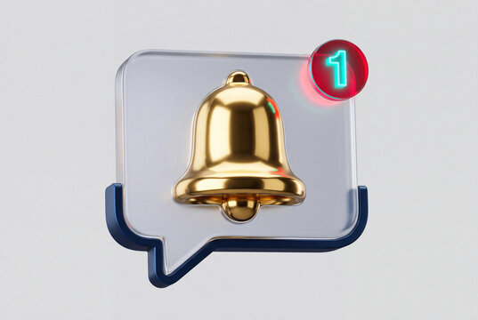 Icono 3D de burbuja de chat de cristal con campana dorada y alerta de notificaci&oacute;n.