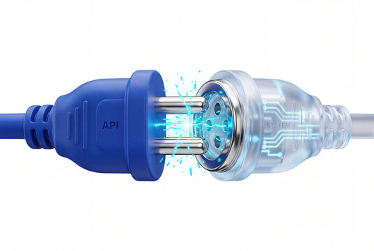 Enchufe de integraci&oacute;n API 3D conectando a sistema con efecto de cristal y electricidad.