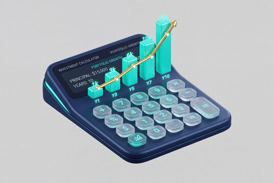 Calculadora financiera 3D con gr&aacute;fico de crecimiento de inversi&oacute;n y botones de cristal.