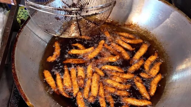 Close up shot of crisp local potato or snacks deep frying in bubbling oil. Authentic Asian street food vendor cooking at a vibrant night market in Thailand. Cinematic b-roll for travel vlogs and culin