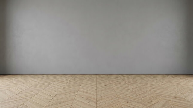 Empty room with a plain grey wall and modern wooden parquet floor