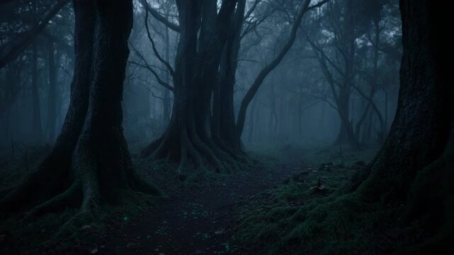 Eerie forest path shrouded in mist during twilight with ancient gnarled trees creating a spooky atmosphere