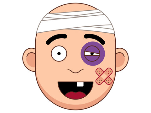 Cartoon Injured Man with Head Bandage, Black Eye, and Missing Tooth Smiling Vector Illustration
