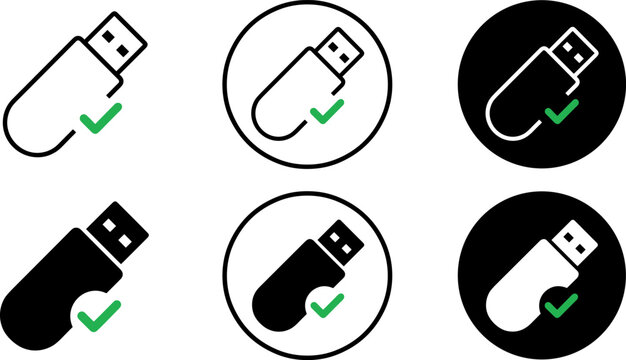 Set of usb flash drive icons with check mark, vector illustration of storage device symbols for data transfer and file backup status