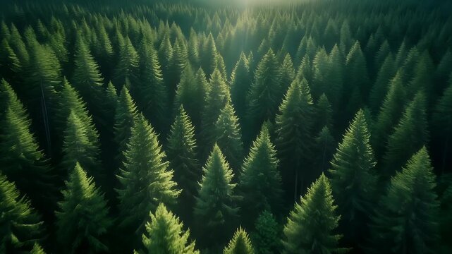 An aerial view showcases a dense forest of evergreen trees bathed in soft sunlight.