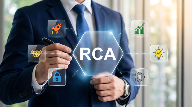 Businessman interacting with RCA root cause analysis virtual dashboard concept