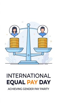 International equal pay day concept with a balance scale showing woman and man with equal stacks of gold coins for gender pay parity