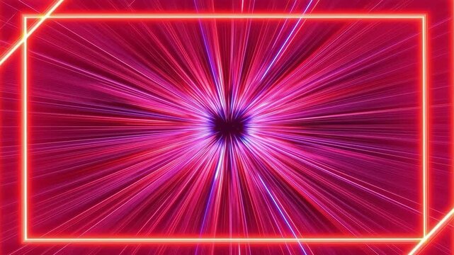 Neon Light Tunnel with Glowing Red Geometric Frame, Colorful Streaks and Vibrant Radial Motion