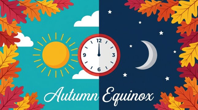 Autumn equinox concept with clock sun and moon illustration surrounded by colorful fall leaves