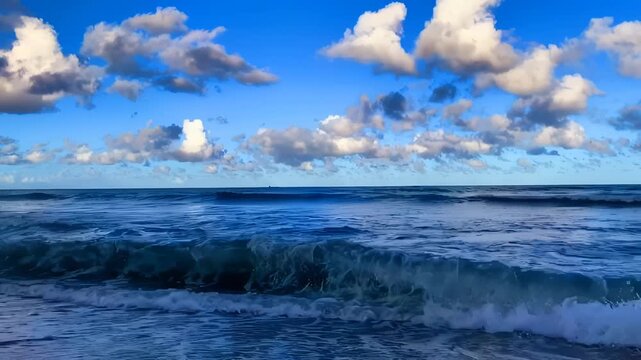 Gentle ocean waves rolling onto a sandy beach under a bright blue sky with fluffy white clouds