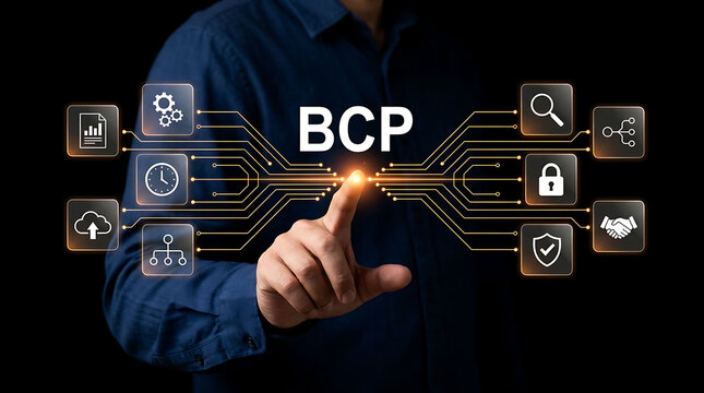 Businessman touching BCP business continuity plan digital interface concept
