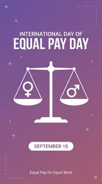 International equal pay day poster with gender balance scales symbol for wage equality and fair salary rights