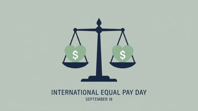 International equal pay day concept with a balance scale showing dollar signs inside hearts to represent fair wage and gender equality