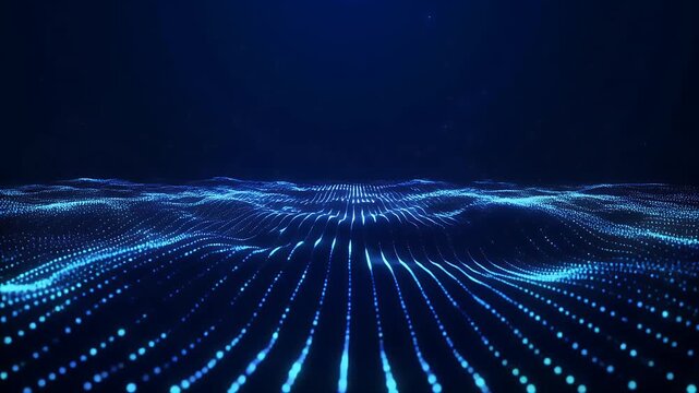 Abstract futuristic digital landscape of glowing blue particles forming waves and lines.