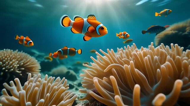 A vibrant coral reef teeming with clownfish and anemones in clear blue water.