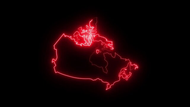 Glowing red neon outline map of canada on black background, digital motion for geography and travel 4K Motion video animation