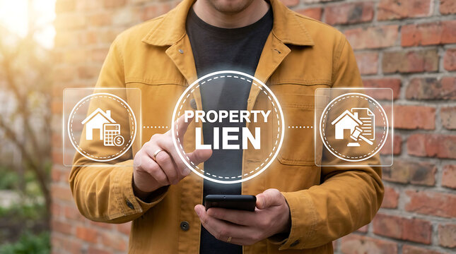 Man interacting with digital screen showing a property lien concept, close up