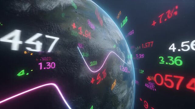 Global Financial Markets Depicted with Floating Digital Stock Data Overlaying the Earth