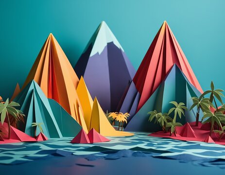 Layered 3D paper cut craft illustration of Twin volcanic spires of Gros Piton and Petit Piton rising from Caribbean Sea
