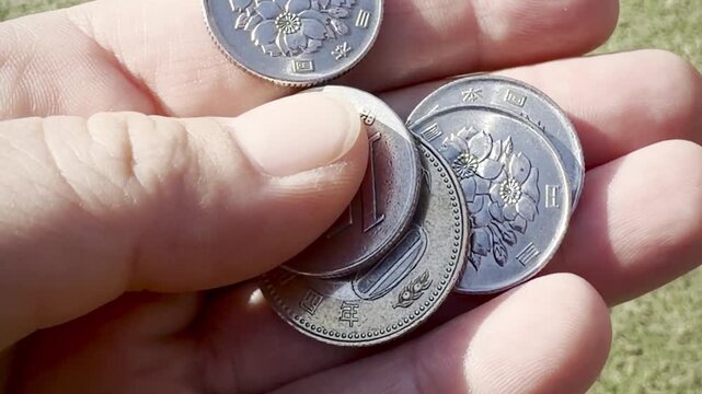 Hand displays three Japanese coins,  two smaller coins, with detailed floral designs visible against a green backdrop