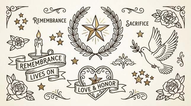 Memorial day remembrance set with doves roses stars and candles in a hand drawn vintage tattoo style