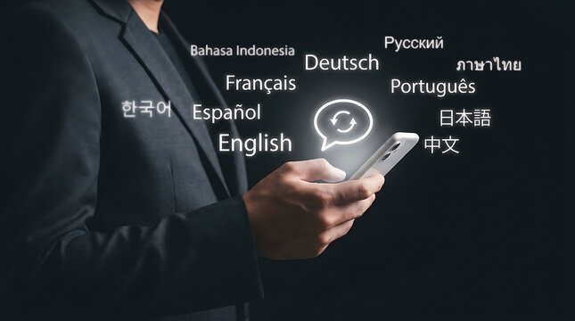 Businessman using mobile phone for translation with multiple languages graphics